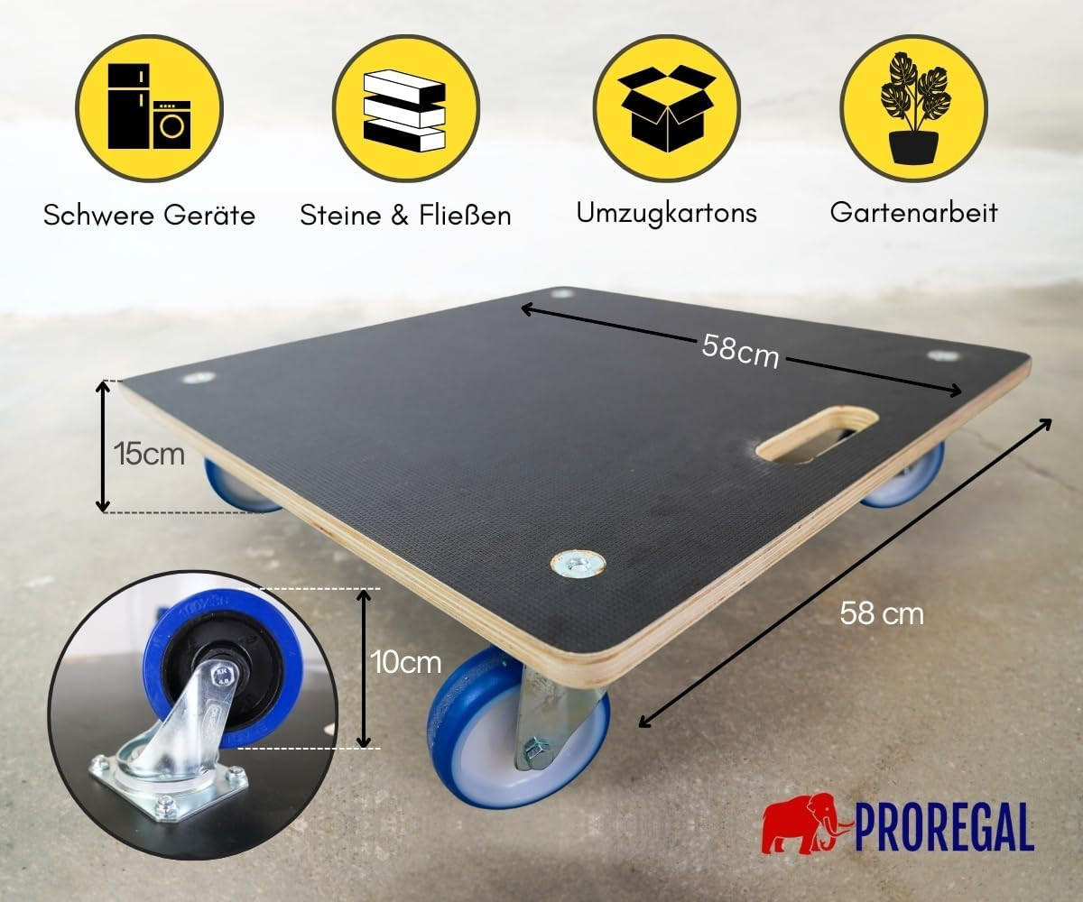 TRANSPORTROLLER mit 4 Rollen 2 Stück 15x58x58cm Traglast 300kg Siebdruck Holzplatte Schwarz - Schwarz, Metall (58/58/15cm) - PROREGAL