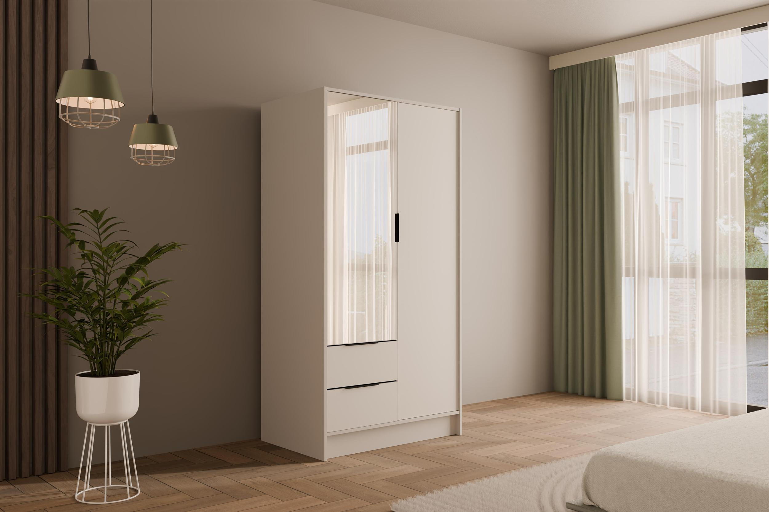 KLEIDERSCHRANK mit Spiegel und Flügeltüren KOLIN 100x200cm Weiß/Weiß - Weiß, Holzwerkstoff (102/200/51cm) - ALTDECOR