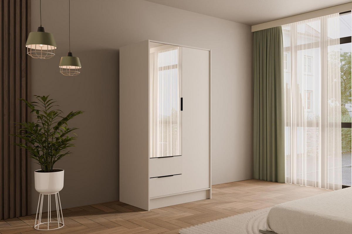 KLEIDERSCHRANK mit Spiegel und Flügeltüren KOLIN 100x200cm Weiß/Weiß - Weiß, Holzwerkstoff (102/200/51cm) - ALTDECOR