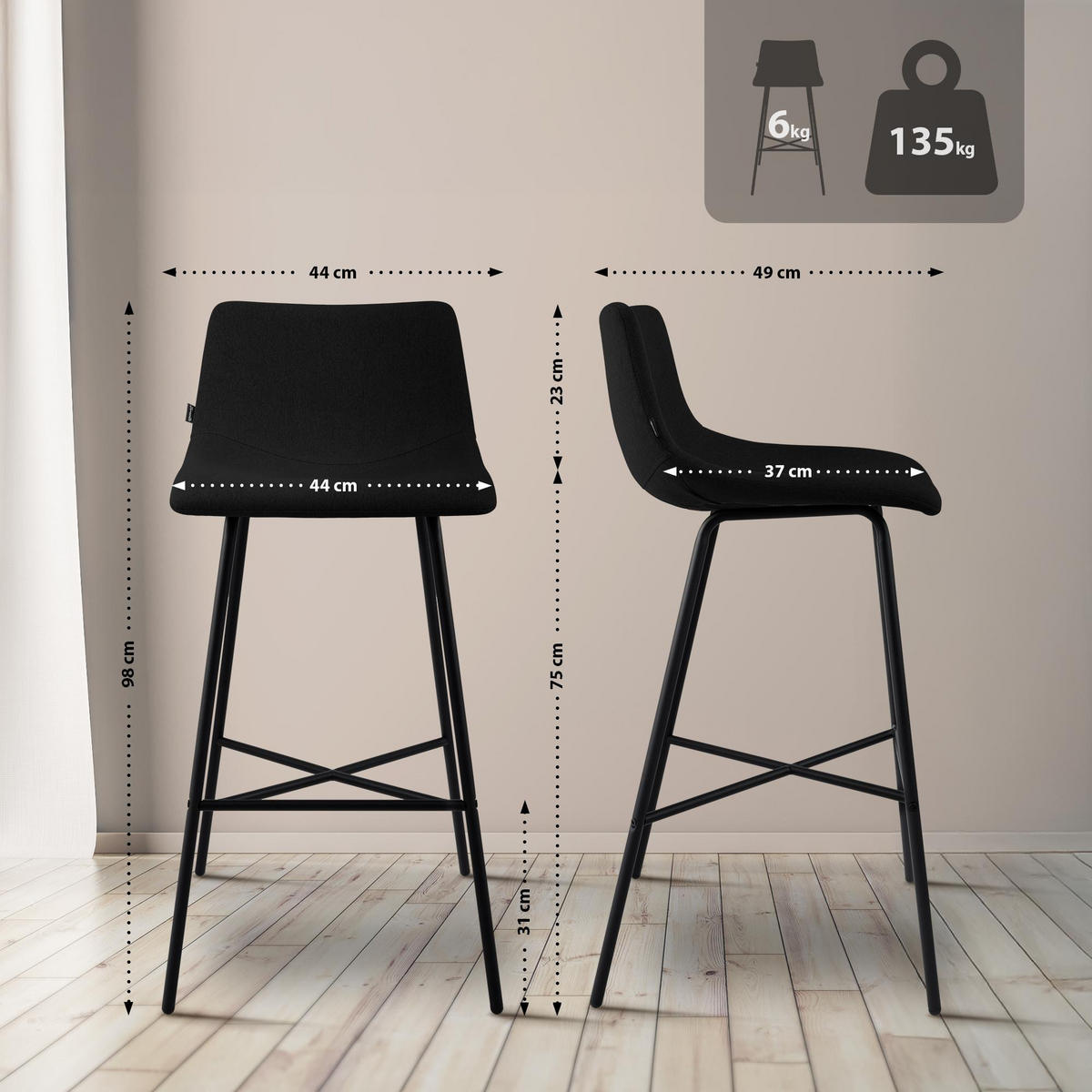 BARHOCKER Stoff Schwarz - Schwarz, Textil/Metall (44/98/49cm) - CLP