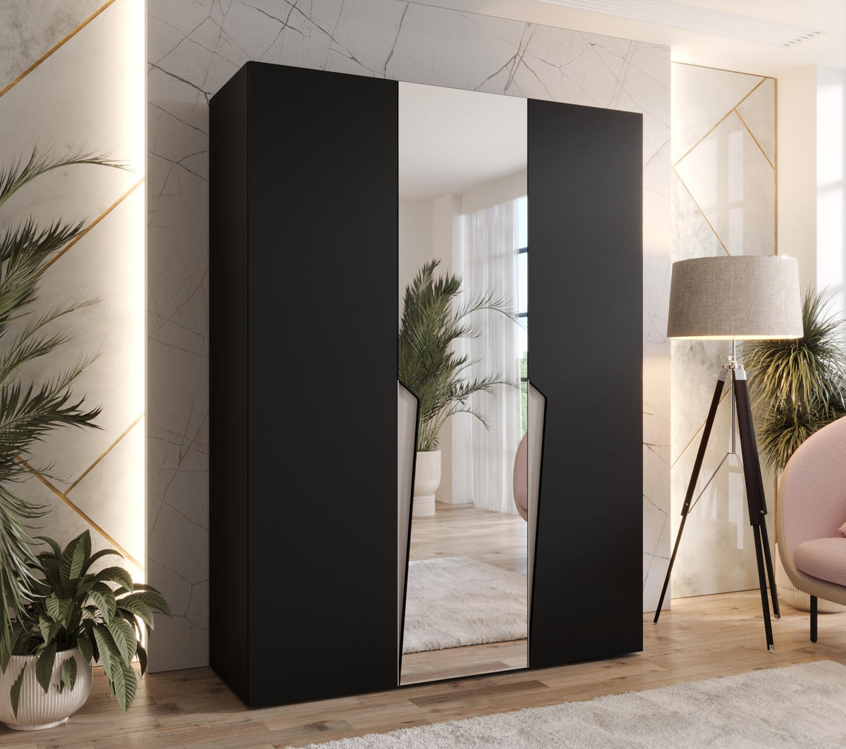 DREHTÜRENSCHRANK 202/150/52 3-türig - Beige/Schwarz, Holz/Metall (150/202/52cm) - Abiks Möbel