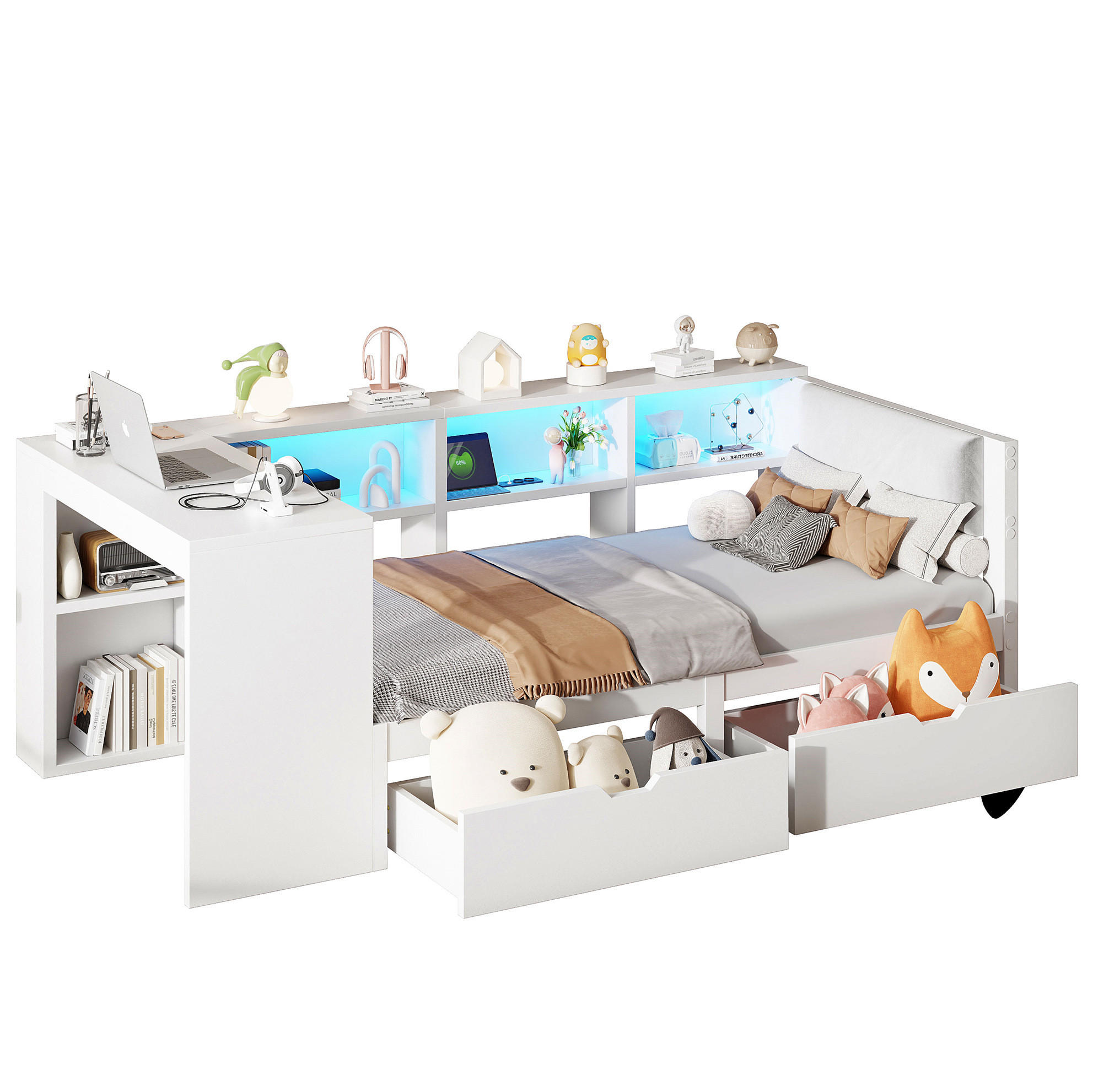 TAGESBETT 90/200 cm aus Holzwerkstoff mit Schubladen, Ablagen, USB-Ladestation und LED-Beleuchtung, Weiß - Weiß, Holzwerkstoff (90/200cm) - Redom