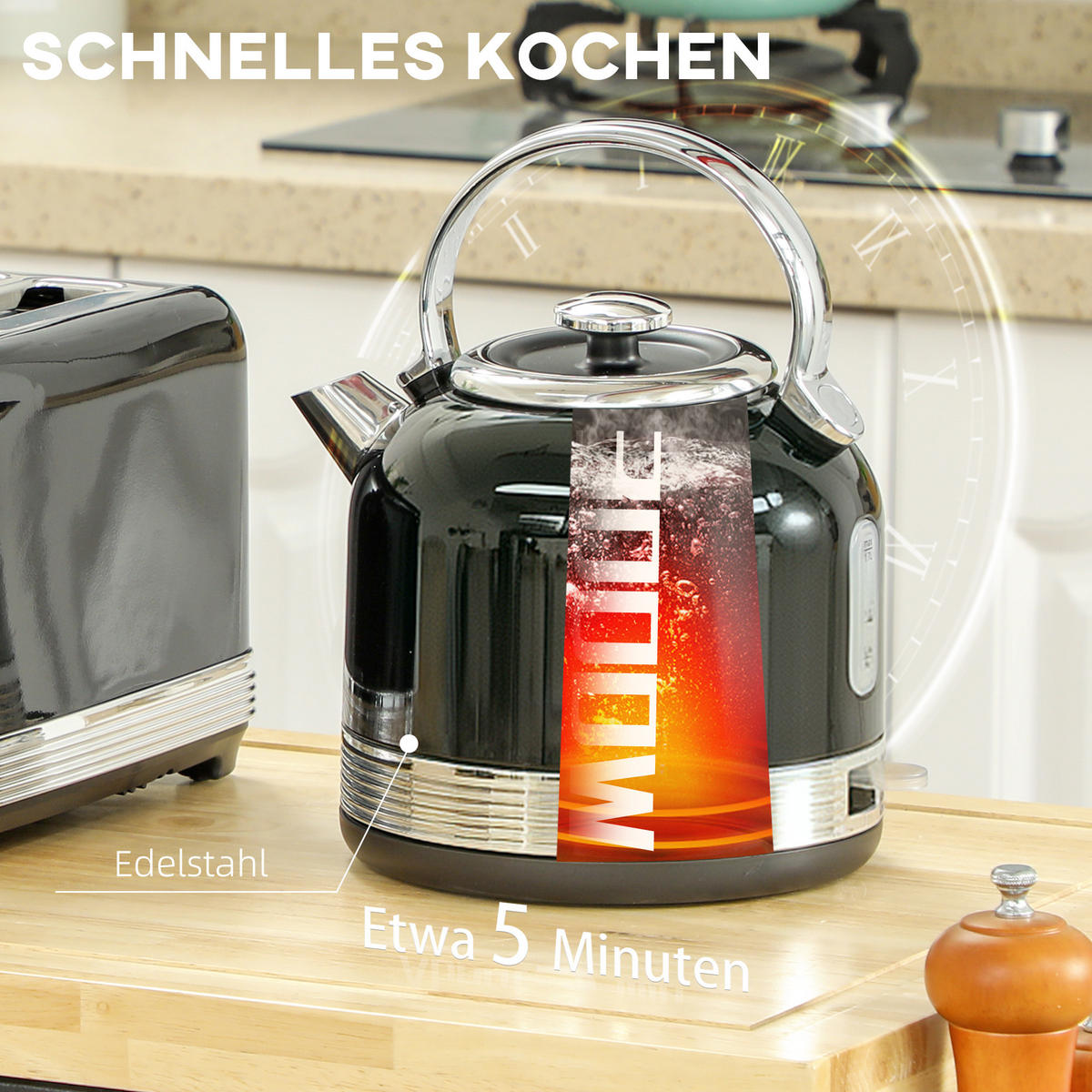 KOCHER-TOASTER-SET 2er Set Edelstahl Kunststoff Schwarz - Schwarz, Metall (19.3/26.8/24.2cm) - HOMCOM