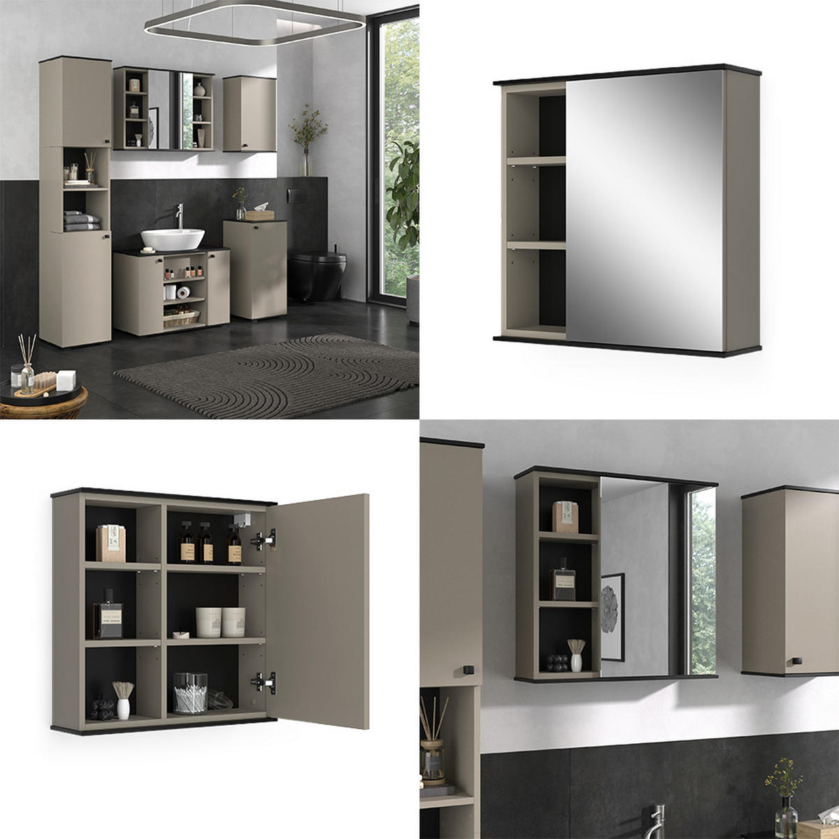 BADSPIEGELSCHRANK Joli Greige 60 x 60 cm mit Spiegel - Greige/Schwarz, Holzwerkstoff (60/60/17.4cm) - Vicco