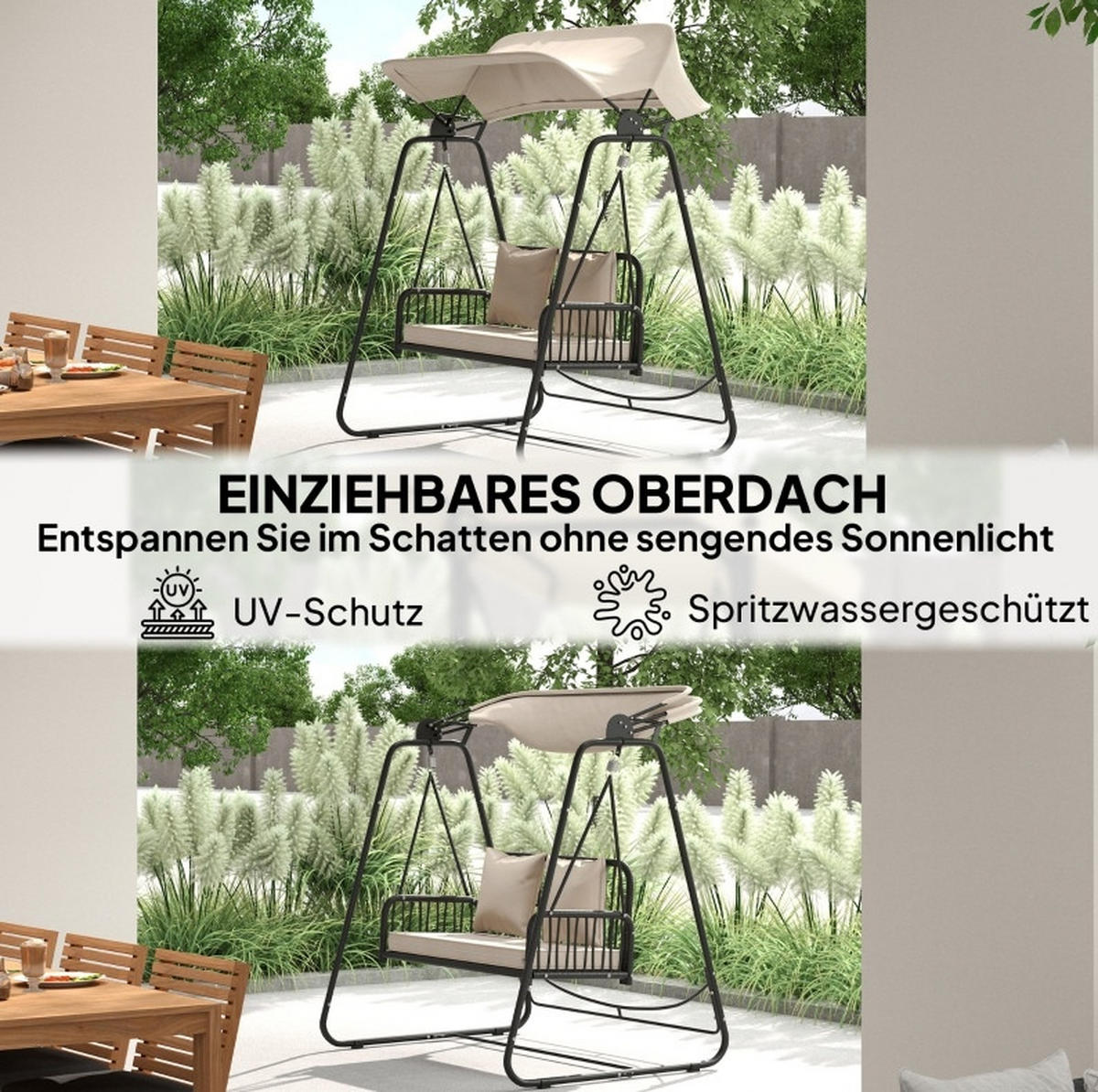 HOLLYWOODSCHAUKEL aus Stahl 149x121x180 cm in Beige mit verstellbarem Sonnendach - Beige, Metall (149/180/121cm) - Modfu