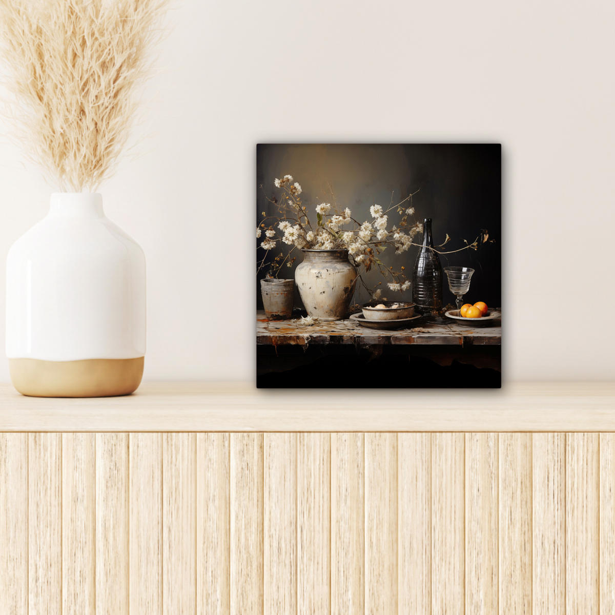 LEINWANDBILD Stilleben - Blumen - Blumenstrauß - Vase - Wein Deko Wohnzimmer 20x20 cm - Schwarz, Textil (20/20cm) - MuchoWow