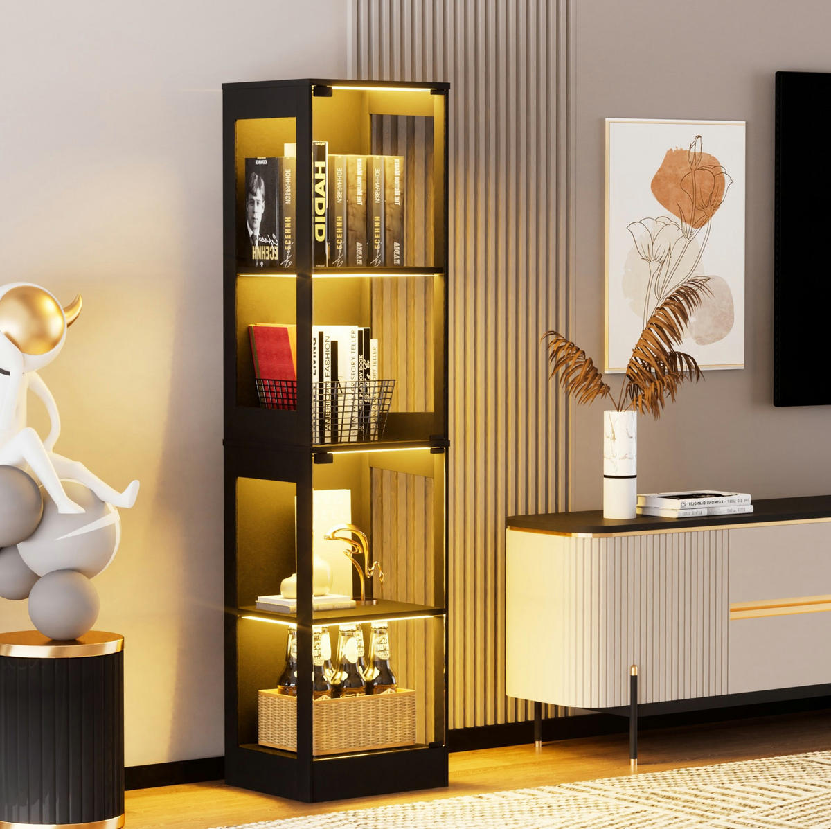VITRINE 35/40/165 cm mit LED-Beleuchtung, Bewegungssensor, Stauraum und ABS-Rahmen, Akazienfarben - Naturfarben, Kunststoff (40/165/35cm) - Redom