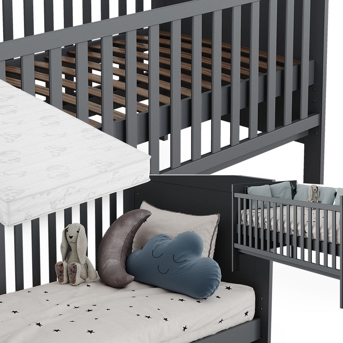 BABYBETT Ajaton Grau 144.4 x 83 cm mit Matratze - Grau, Holzwerkstoff (144.4/83/80.8cm) - VitaliSpa