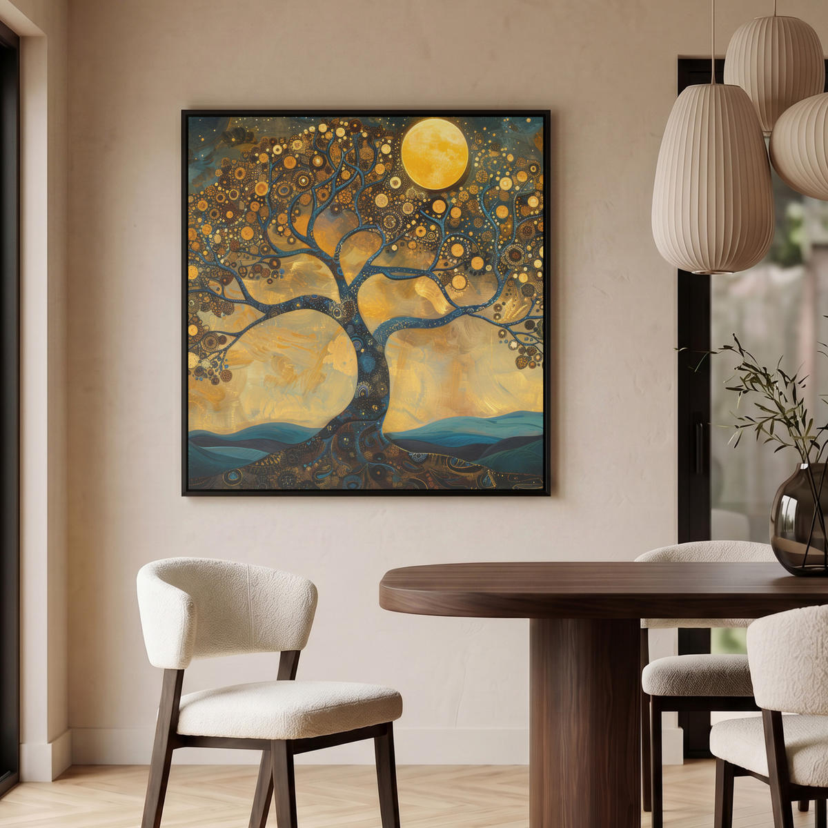 LEINWAND Bilder mit Rahmen - Baum - Mond - Blumen - Gold - Kunst - 90x90 - Orange, Textil (90/90cm) - MuchoWow