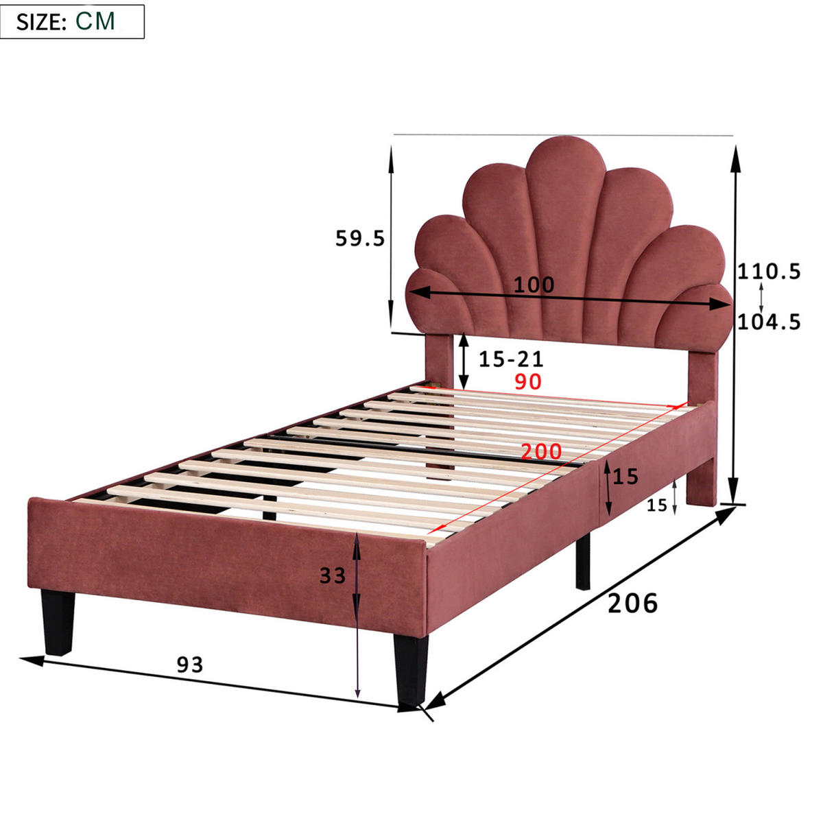 POLSTERBETT Glamour mit Höhenverstellbarem Kopfteil 90/200 cm Samt Bordeaux - Rot, Textil (90/200cm) - Creahappy