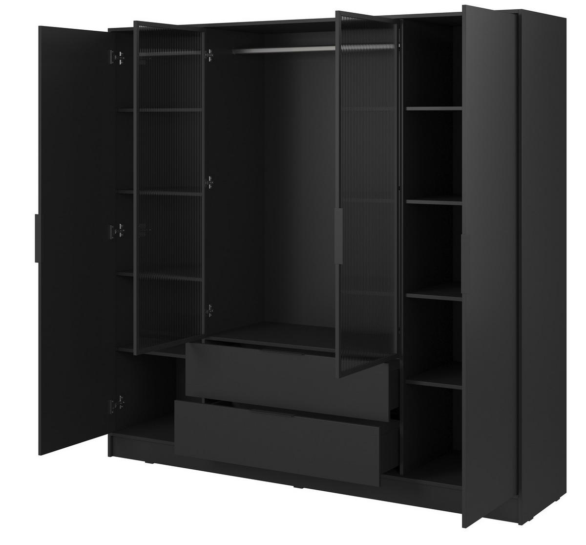 SCHRANK 206 cm mit Glas Kalma, Schubladen, 4 Türen, Schwarz - Schwarz, Holz (206/200/51cm) - Emporius