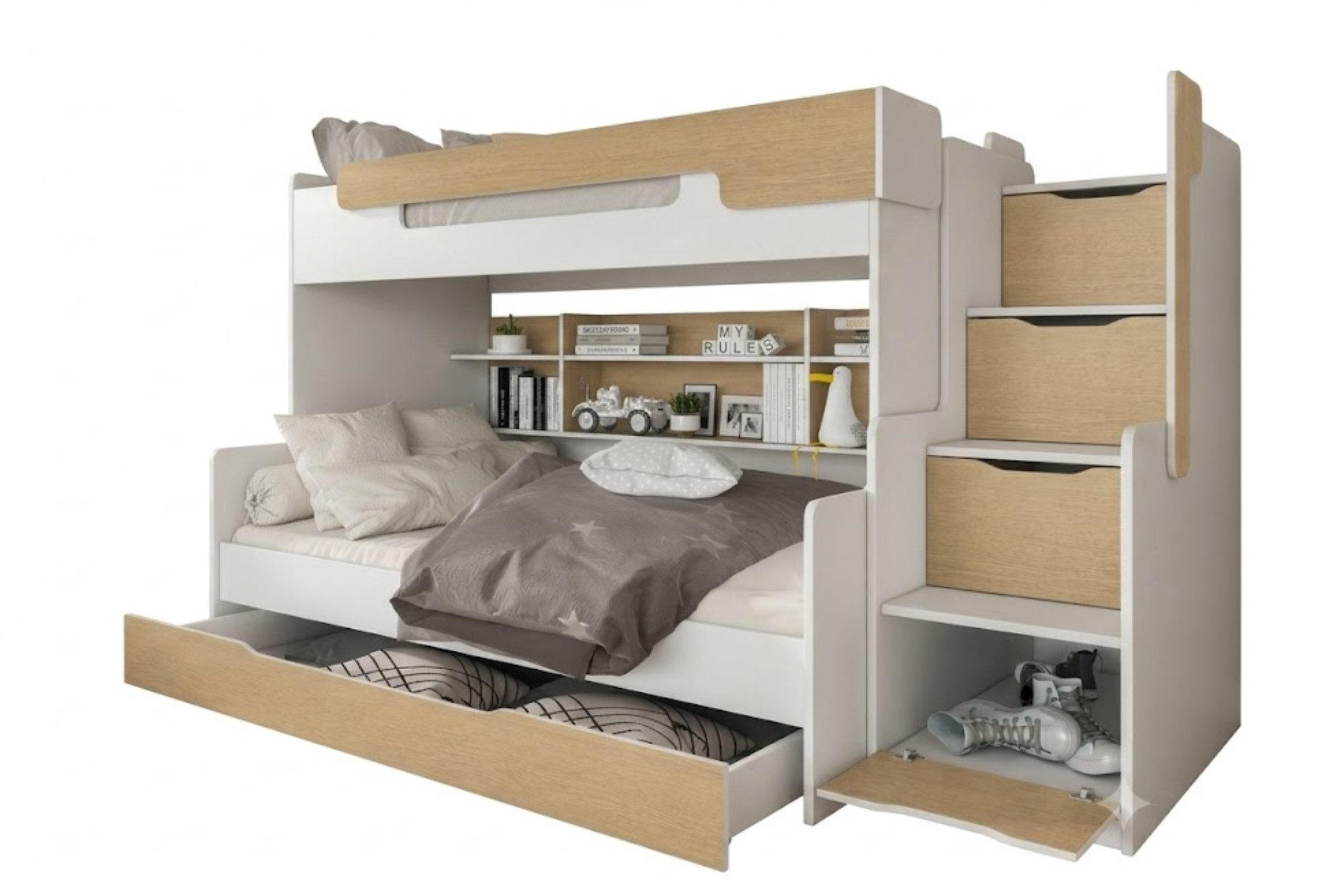 ETAGENBETT HARRY 90/200 + 120/200 in Weiß + Eiche - Eichefarben/Weiß, Holzwerkstoff - Deine Möbel 24