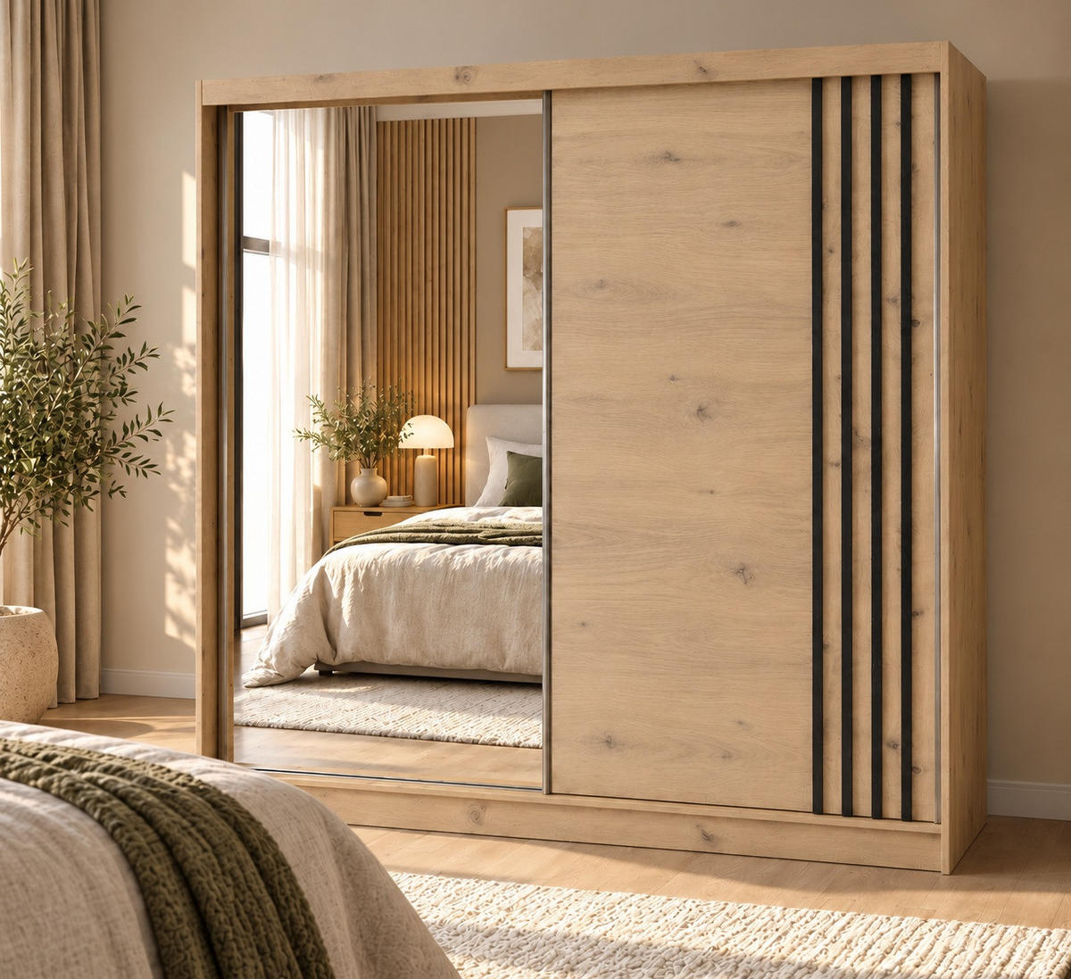 KLEIDERSCHRANK Nila 200 cm Artisan Spiegel 2 Schubladen Griffe silber - Eiche Artisan, Holzwerkstoff (200/216/61cm) - KS Home Concept