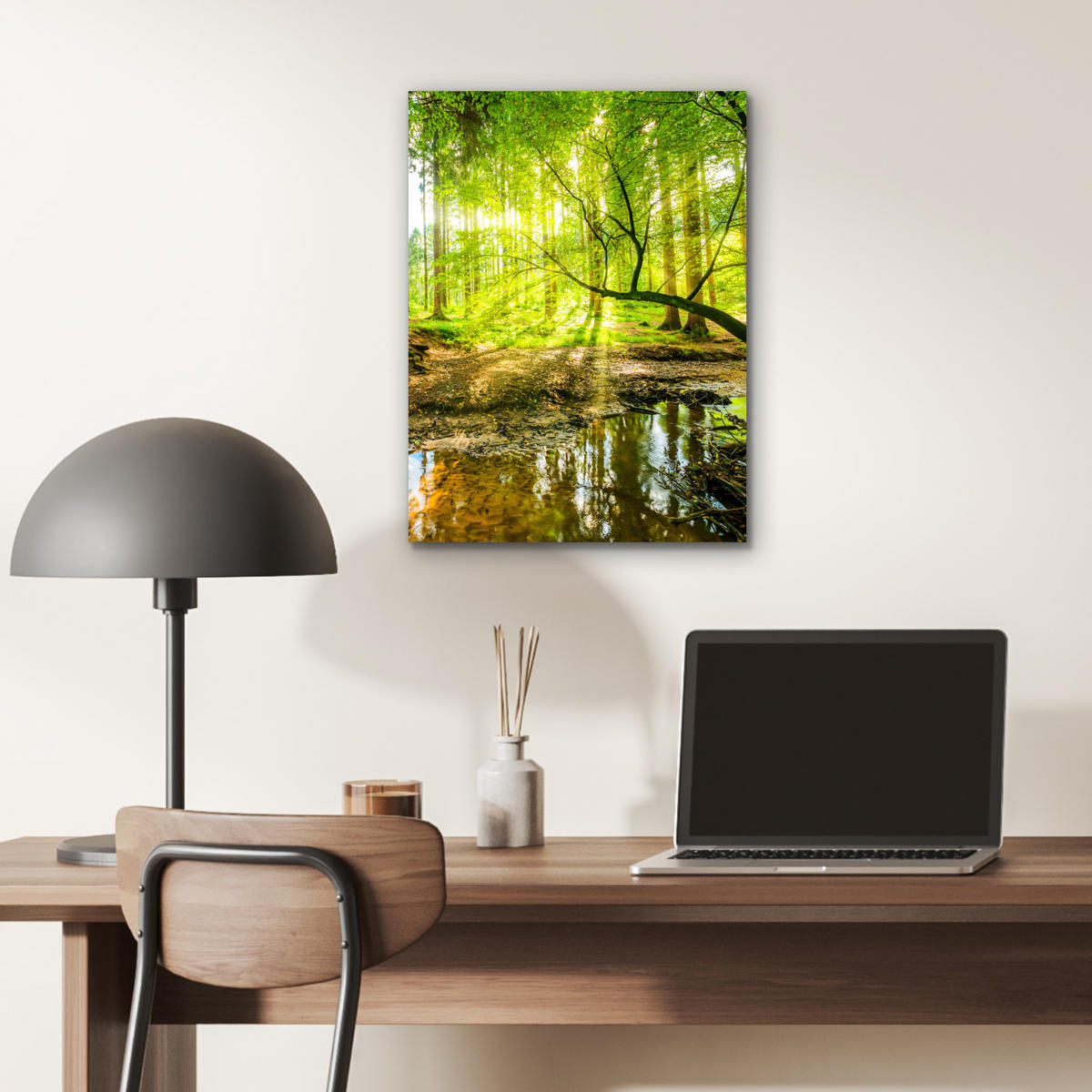 METALLBILD Wald - Landschaft - Wasser - Bäume - Sonne - Grün - Natur 30x40 cm - Grün, Metall (30/40cm) - MuchoWow