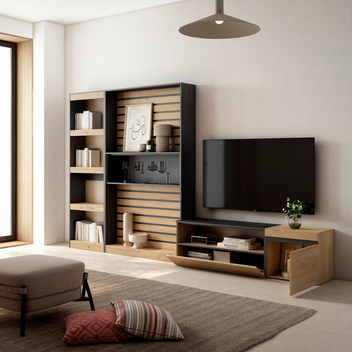 WOHNWAND eiche, schwarz, 320/35/186cm - Eichefarben/Schwarz, Holzwerkstoff (320/186/35cm) - Skraut Home