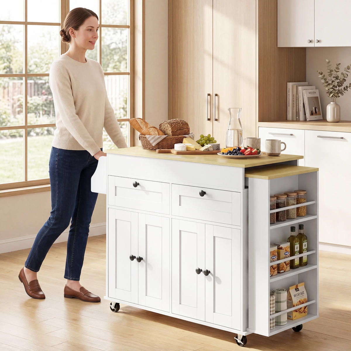 KÜCHENINSEL DE-11333 Ausziehbarer Arbeitstisch mit 2 Schubladen Weiß - Weiß, Holzwerkstoff (127.2/87.8/50cm) - ComfortXL