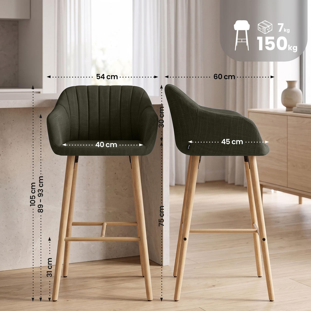 BARHOCKER Stoff Grün - Eukalyptusholzfarben/Grün, Textil (54/105/60cm) - CLP