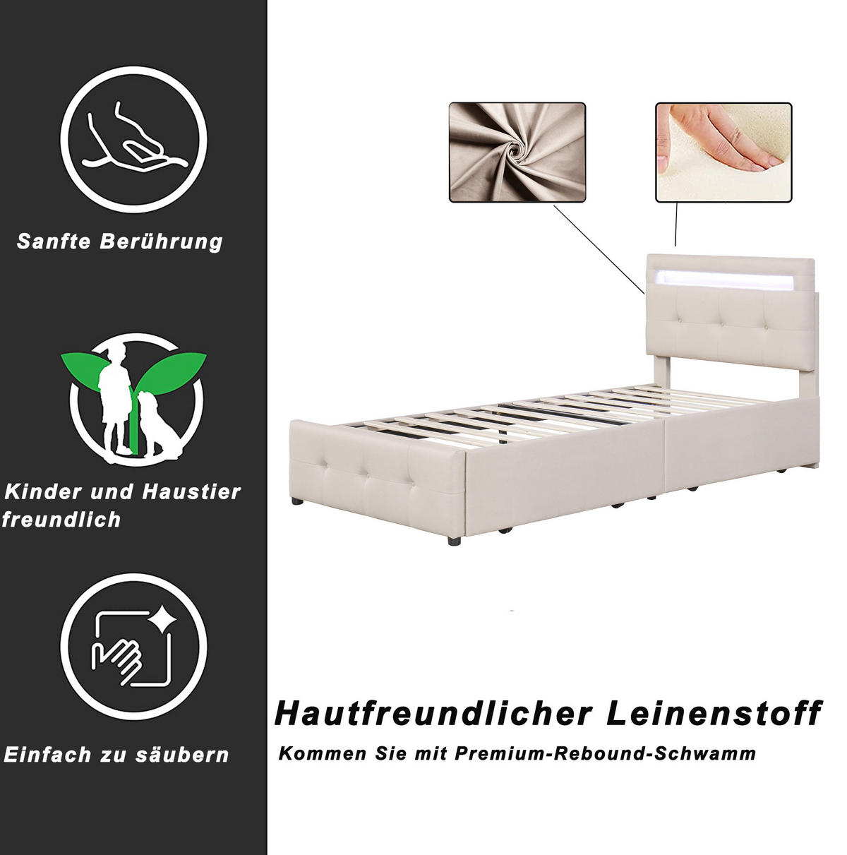 POLSTERBETT 90/200 cm Beige aus Holz mit LED und 2 Schubladen - Beige, Holzwerkstoff (90/200cm) - OKMYHOME