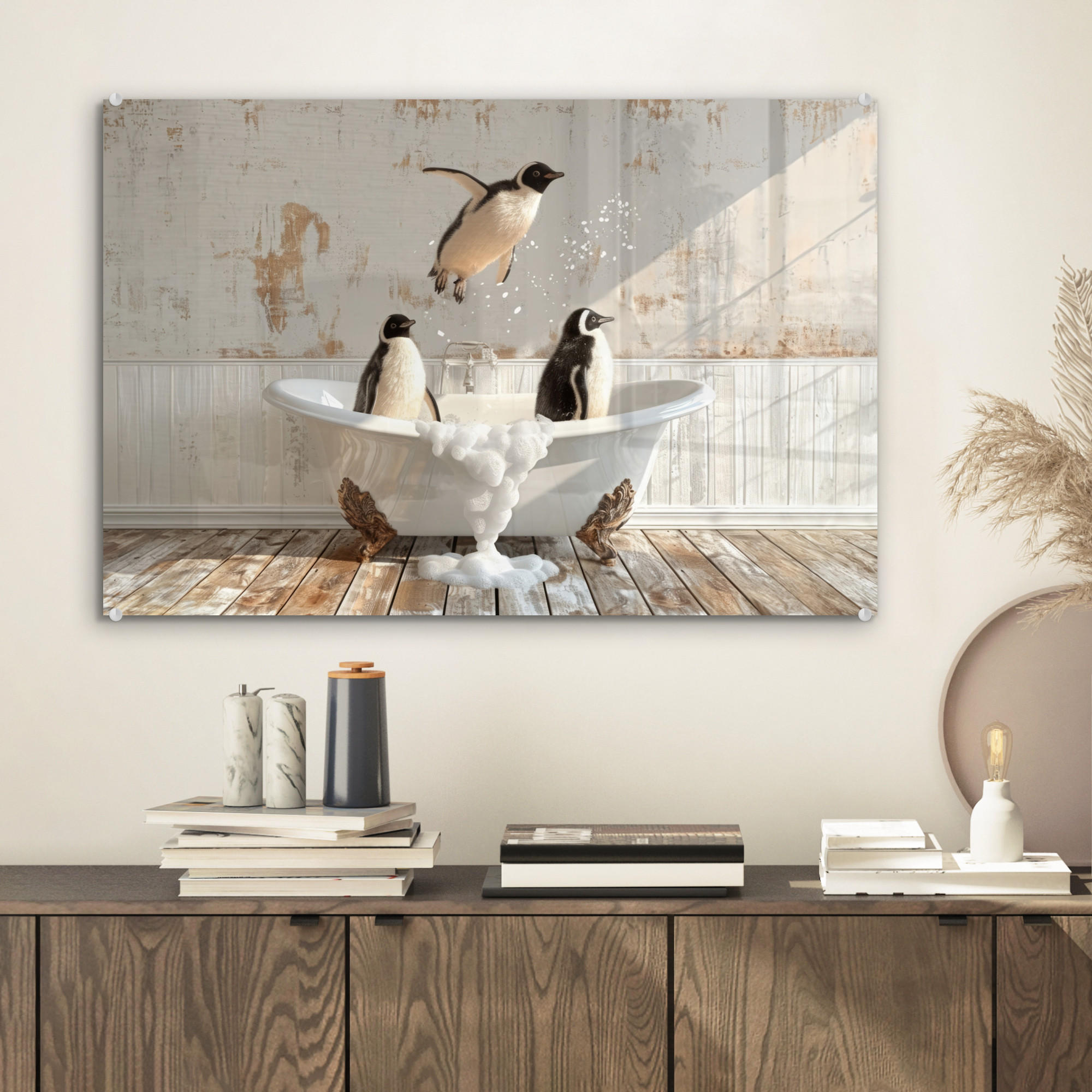 ACRYLGLASBILD Vintage - Pinguin - Badewanne - Schaumstoff 60x40 cm - Schwarz, Glas (60/40cm) - MuchoWow
