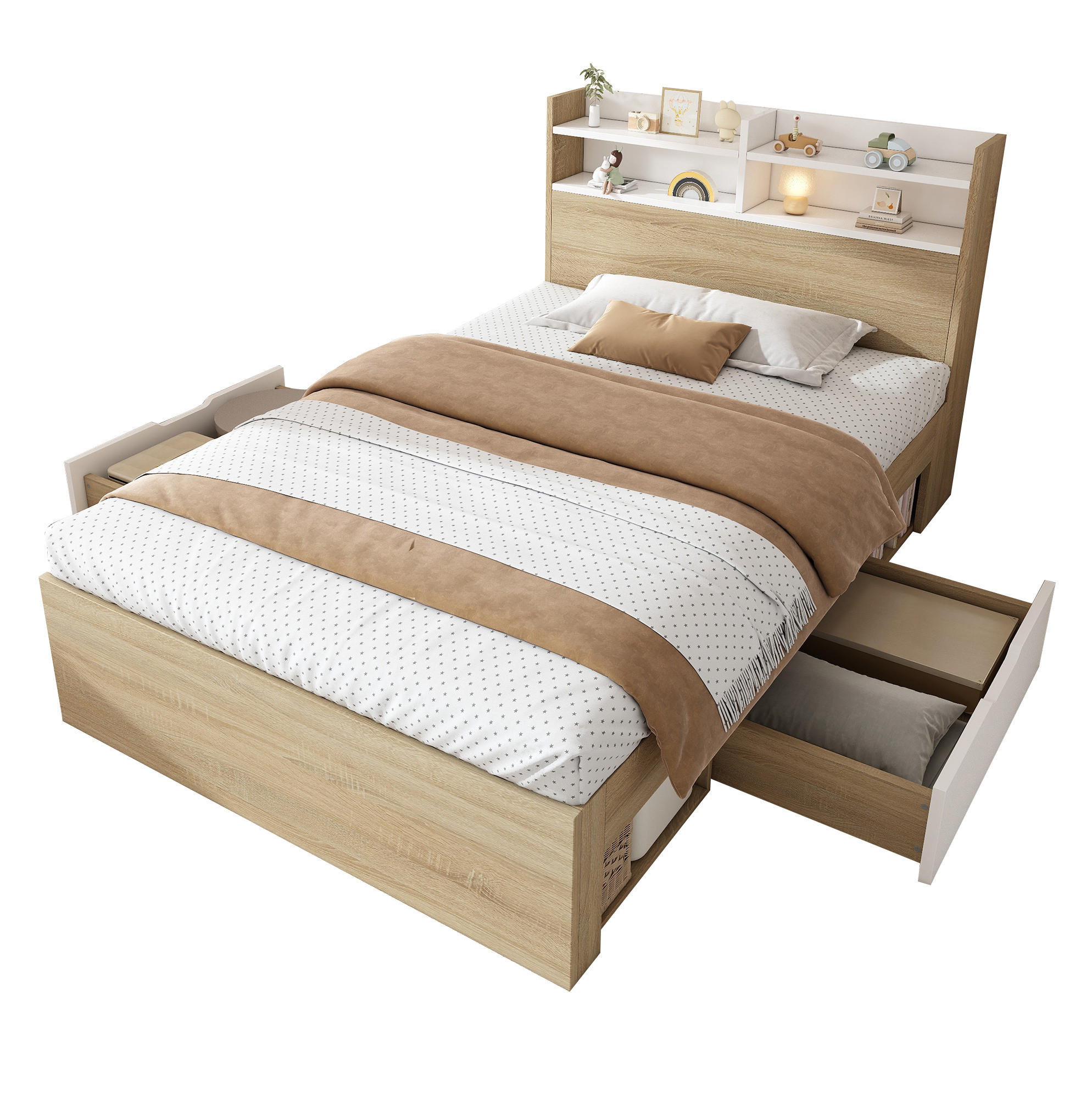BETT 90/200 cm mit Kopfteil, Stauraum und Lattenrost in Weiß/Eiche - Weiß, Holzwerkstoff (90/200cm) - BEAOK