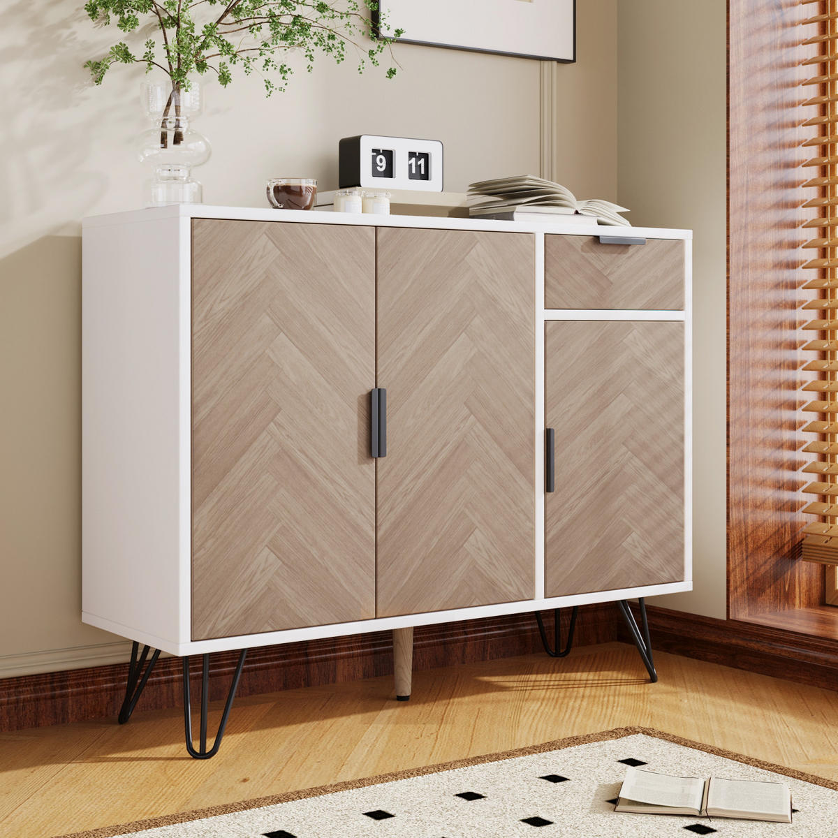 SIDEBOARD 90x30x71,5 cm, Metallfüße, Weiß - Weiß, Holz (90/71/30cm)