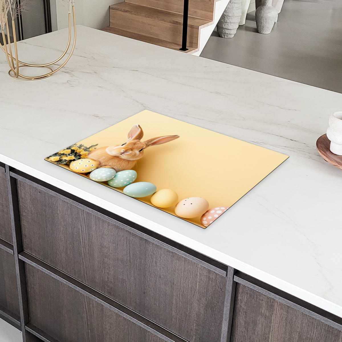 HERDABDECKPLATTE Eier - Kaninchen - Pastellfarbtöne Herdabdeckung Induktionsfeld 70x52 cm - Hellgelb, Kunststoff (70/52/0.2cm) - MuchoWow