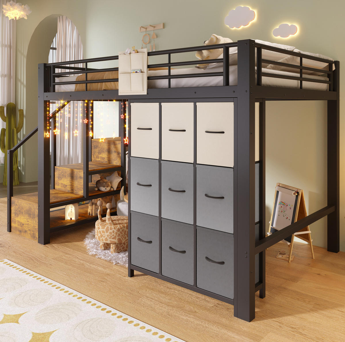 HOCHBETT 140/200 cm Metall mit Schubladen und Kleiderstange ohne Matratze - Schwarz, Metall (140/200cm) - MIVRAY