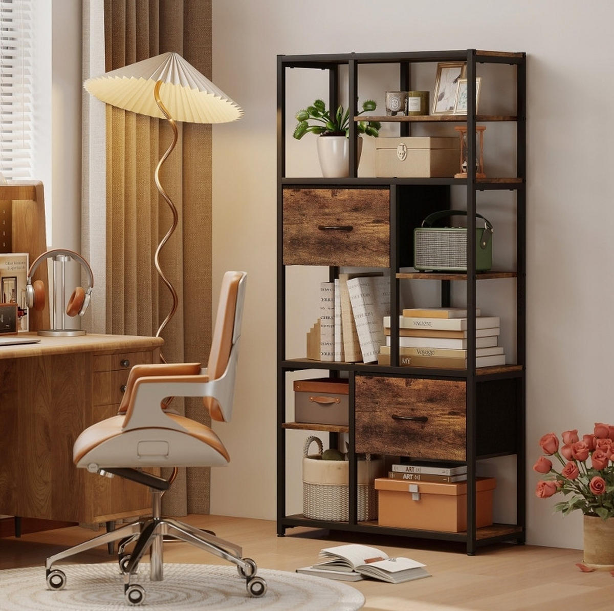 STANDREGAL 30/72,5/150 cm mit 2 Stoffschubladen und 9 offenen Fächern in Holzoptik, Braun - Braun, Holzwerkstoff (72.5/150/30cm) - Redom