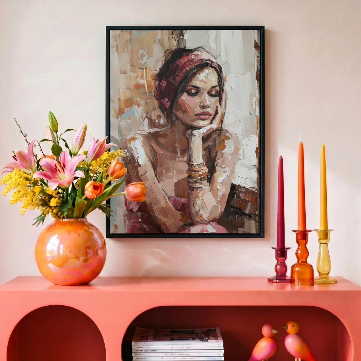 LEINWAND Bilder mit Rahmen - Frau - Lackierung - Porträt - Modern - 30x40 - Altrosa, Textil (30/40cm) - MuchoWow