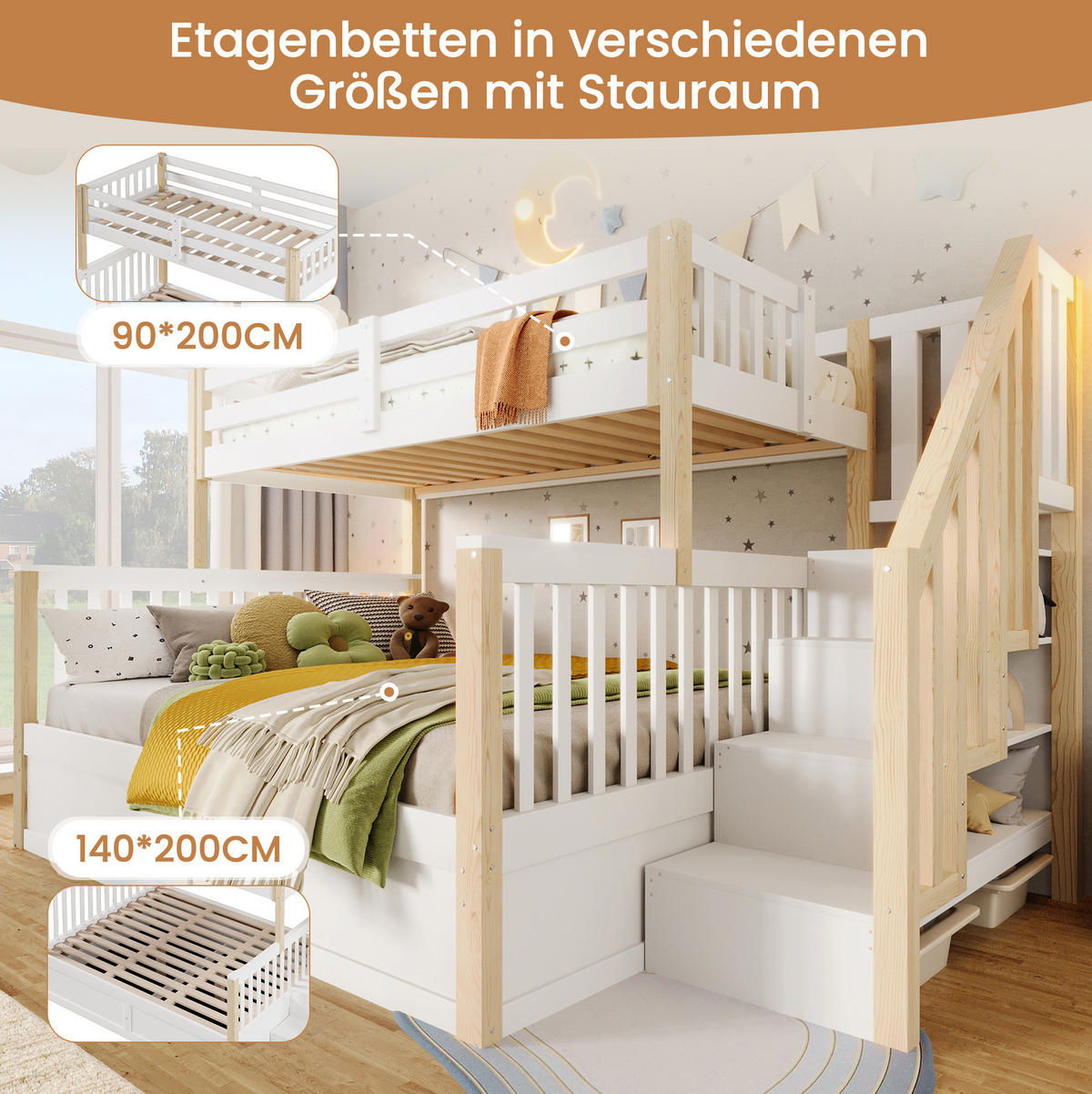 ETAGENBETT 90/200 cm + 140/200 cm in Weiß/Natur mit Stauraum und Ablagetreppe - Weiß, Holz (90/200cm) - Flora Grace
