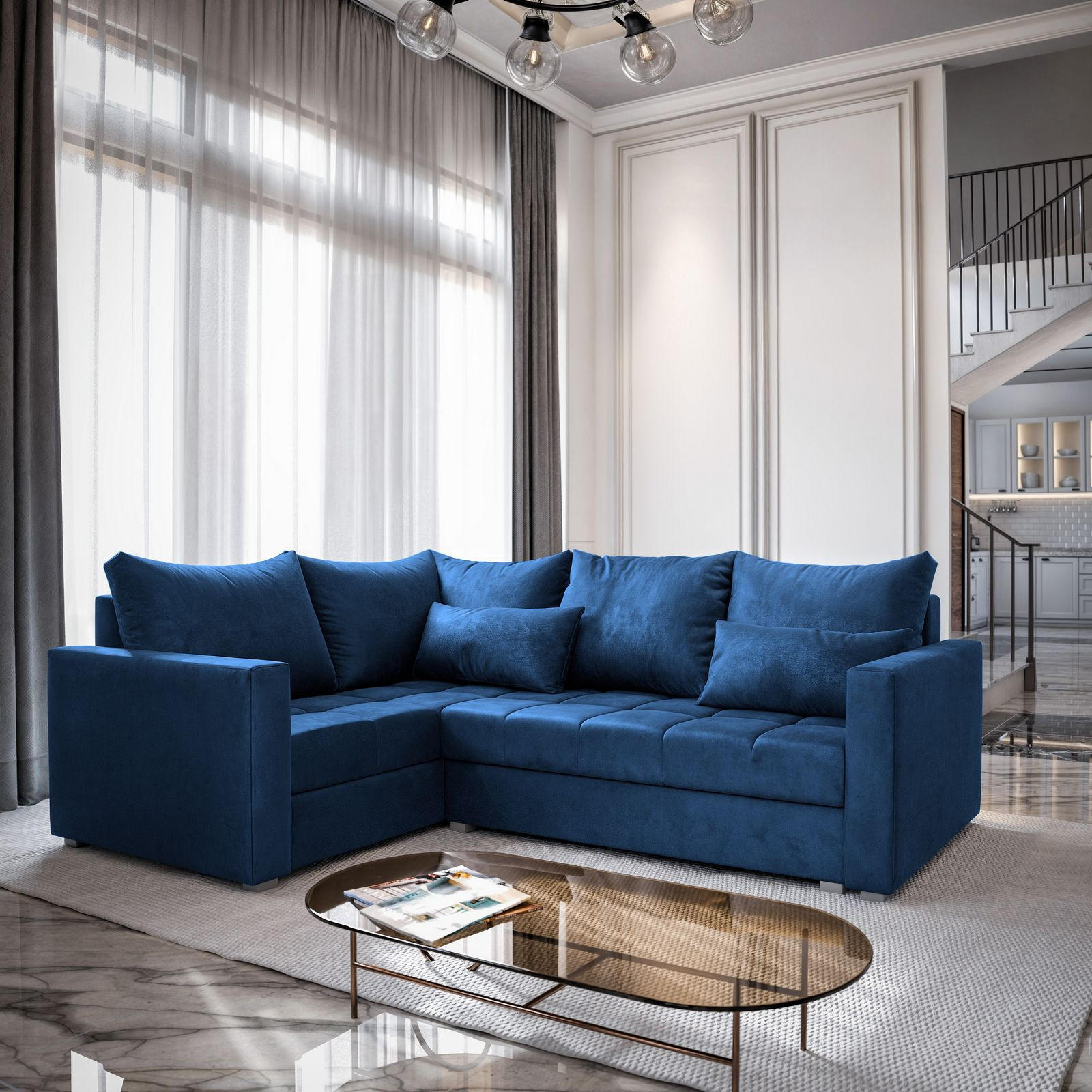 ECKSOFA LIRENO L-S Blau Plüsch-Stoff mit Schlaffunktion - Blau, Holz (220/153cm) - MASSENO