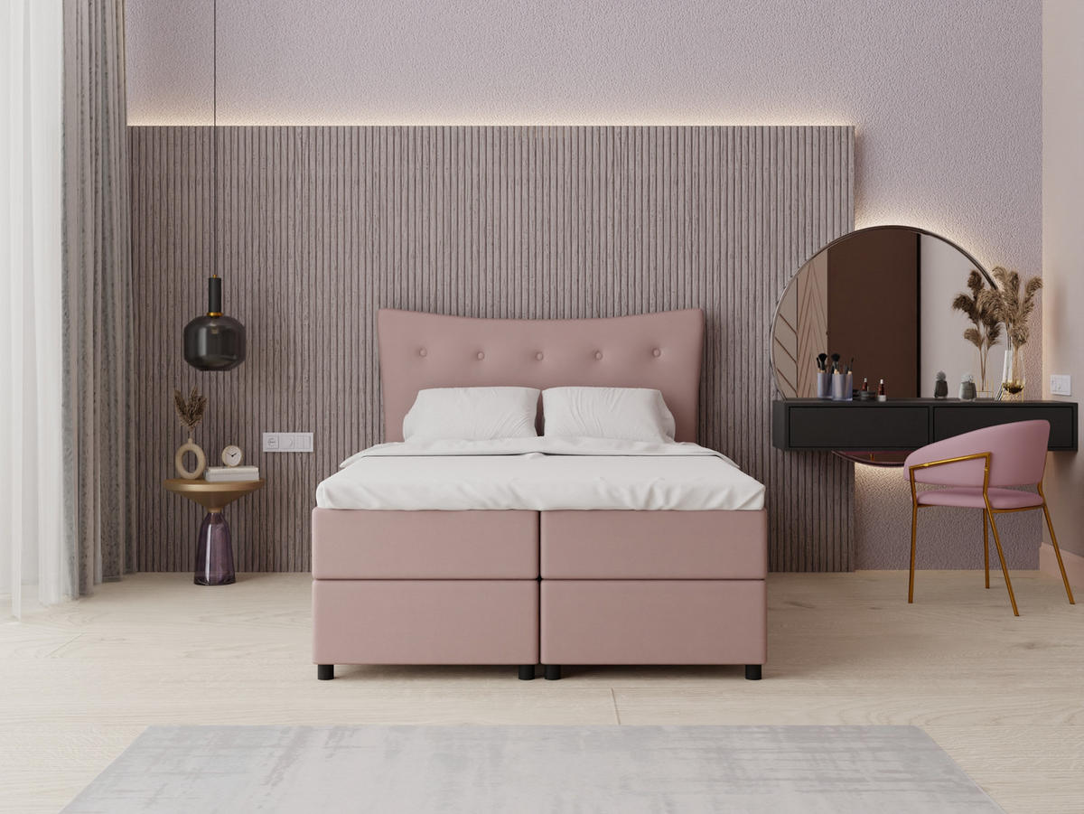 BOXBETT Nevada 140 x 200 cm Doppelbett mit hochwertiger Bonell-Matratze und Topper - rosa - Rosa, Holz (140/200cm) - Panda Möbel