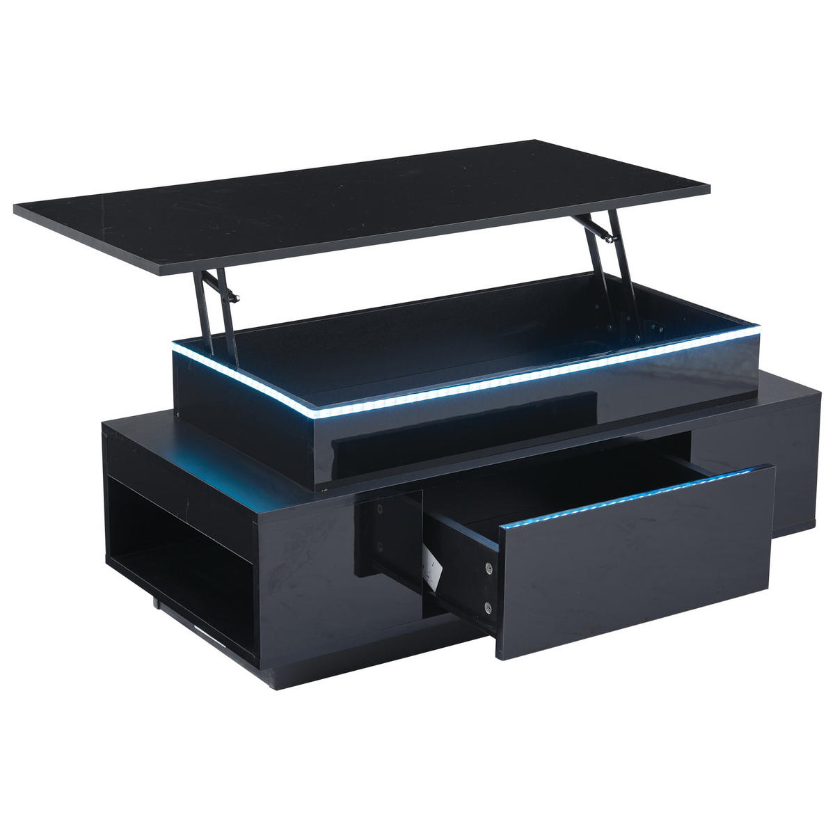 COUCHTISCH, höhenverstellbar, Hochglanz-Spanplatte mit LED & verstecktem Stauraum, 96/45/40 cm, Schwarz - Schwarz, Holzwerkstoff (96/45/40cm) - Redom