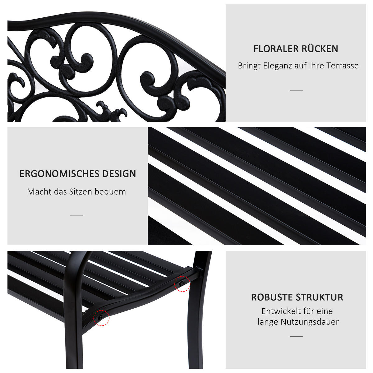 GARTENBANK, 3-Sitzer, Sitzbank, Stahlbank, mit Armlehnen, Stahl, Metall, Schwarz - Schwarz, Metall (60/89/127cm) - Outsunny