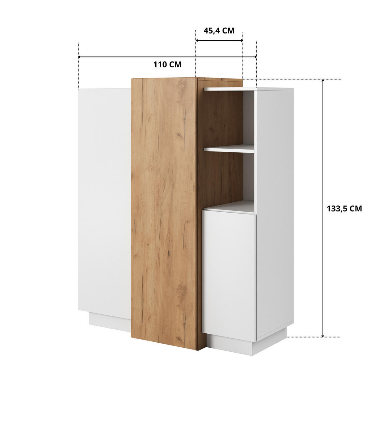 HIGHBOARD Viano E 110 cm Weiß / Eiche Craft Gold - mit 3 Türen und 2 offenen Fächern - Eichefarben/Weiß, Holz/Holzwerkstoff (110/133/45cm) - Ravio