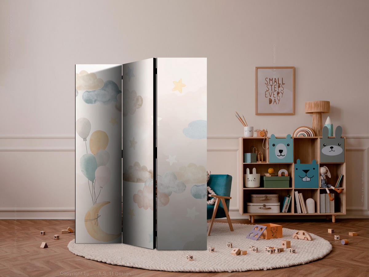 PARAVENT Beidseitig Bedruckter 3-tlg 135x172 cm Sterne Wolken Ballons - Multicolor, Holz/Textil (135/172/3cm) - Muralo