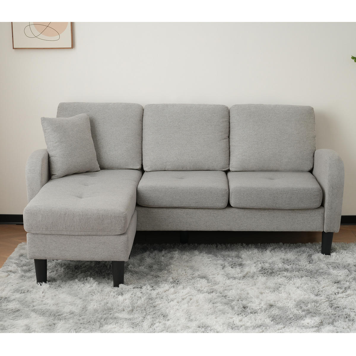 ECKSOFA L-Form 3-Sitzer mit Chaiselongue Baumwoll-Leinen Grau 166/118/77 cm - Hellgrau, Kunststoff (166/118cm) - OKWISH