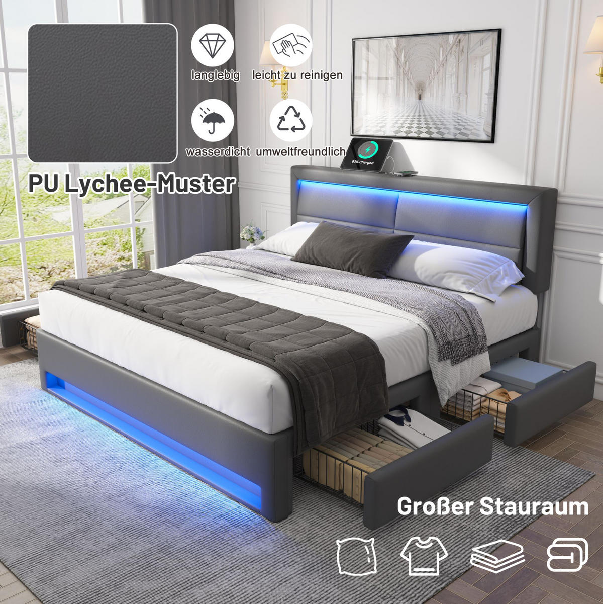 POLSTERBETT 140/200 cm mit LED & USB-Ladefläche, 4 Schubladen, PU-Bezug Grau - Grau, Kunststoff (140/200cm) - Redom