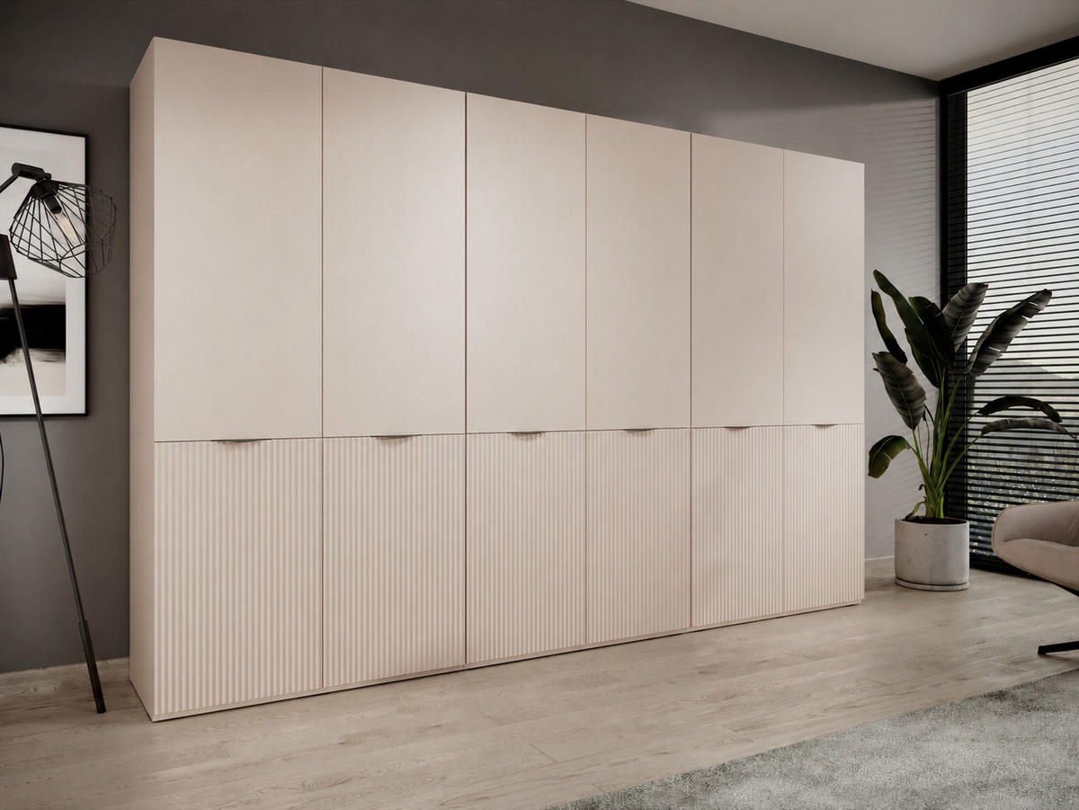 KLEIDERSCHRANK ZEN (Modular, Beige Matt, Rillenfront, 6-türig) - Beige/Schwarz, Holz/Holzwerkstoff (303/200/51cm) - Ravio