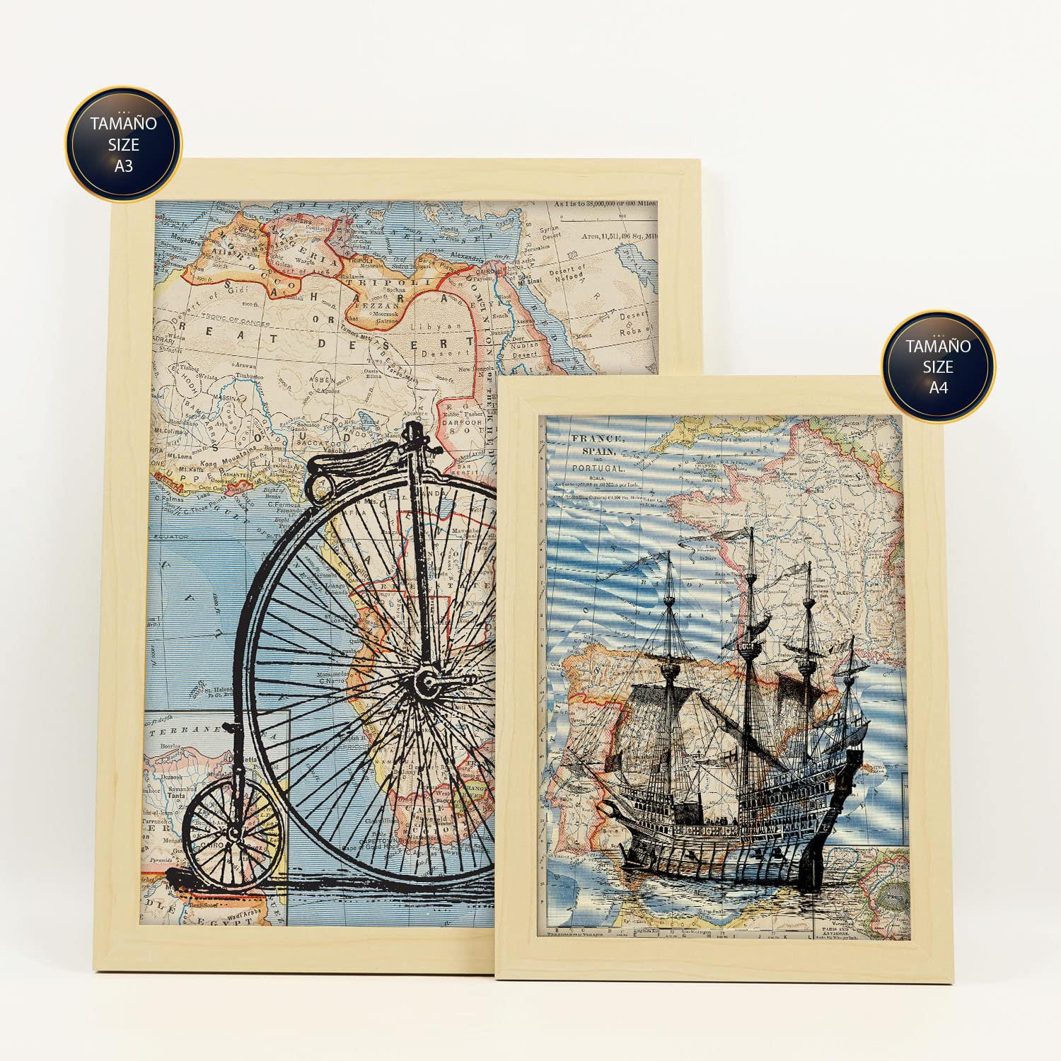 POSTER Set Mit 6 Vintage Karten Topografische Karten Im Retro Stil Von Europa, Afrika Und Spanien In Dezenten Farben A3 & A4 Rahmen Aus Hellem Holz - Beige, Papier (29/3cm) - Nacnic