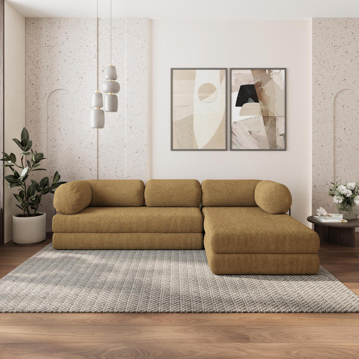 ROHOVÁ SEDAČKA KELI modulární Boneless pohovka s funkcí spaní, med QUELLE 17 - žlutá, textil (270/160cm) - MASSENO