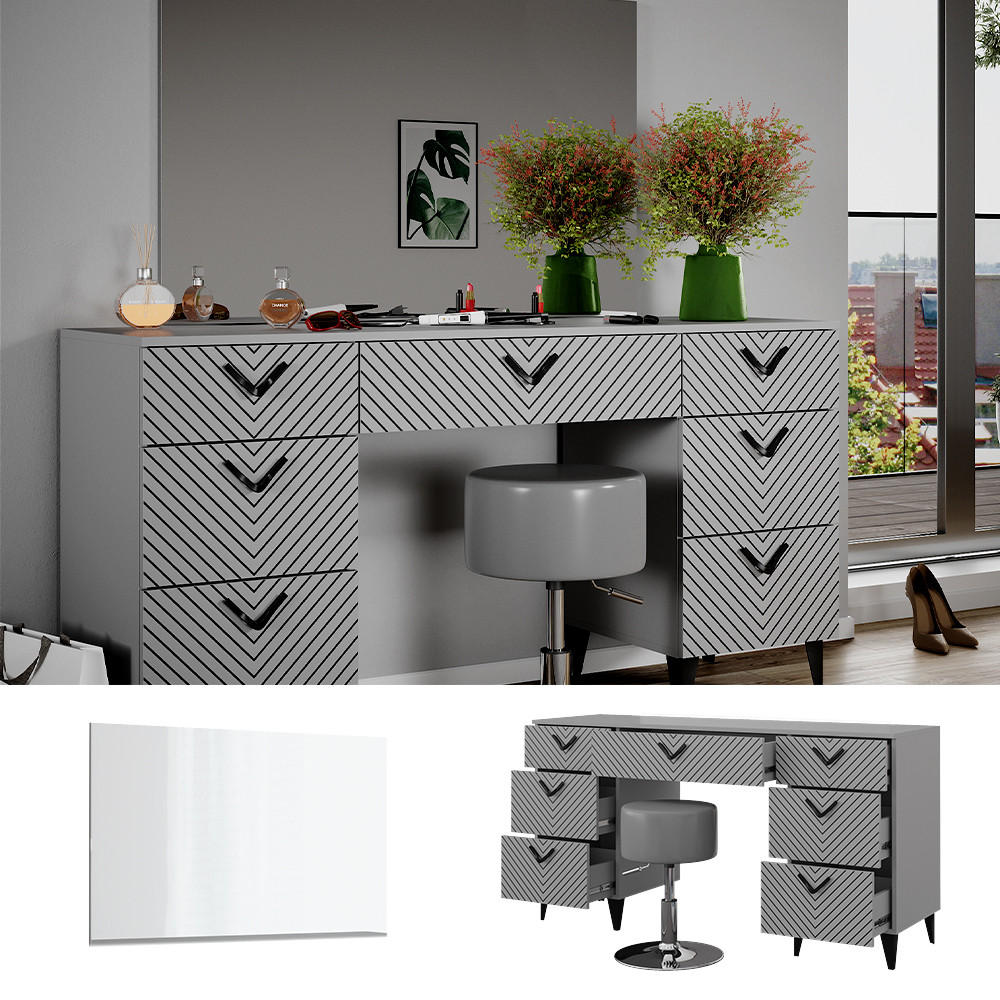 SCHMINKTISCH Anett Grau 150 cm mit Hocker - Grau, Holzwerkstoff (150/78.1/45cm) - Vicco
