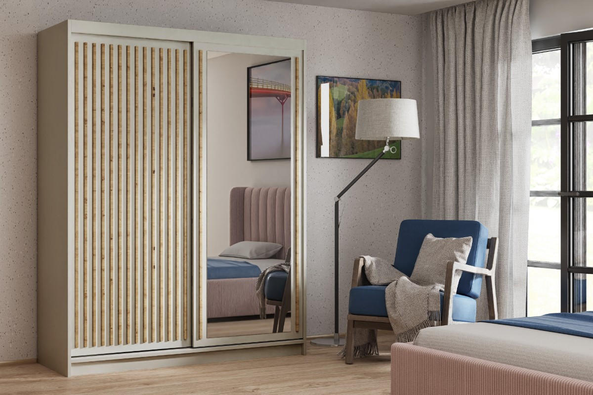 SCHWEBETÜRENSCHRANK Dora 100 cm mit Lamellen und Spiegel 2-türig, kaschmir, Lamelle artisan - Kaschmir/Eiche Artisan, Kunststoff (100/205/60cm) - Margaret Hadas24