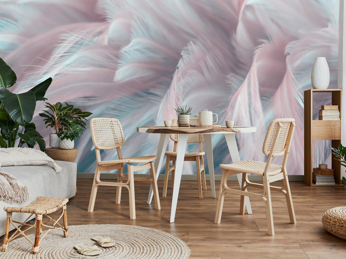 FOTOTAPETE für Schlafzimmer Pastell Federn Zart Rosa Blau 250x175 - Blau/Violett, Papier (250/175cm) - Muralo