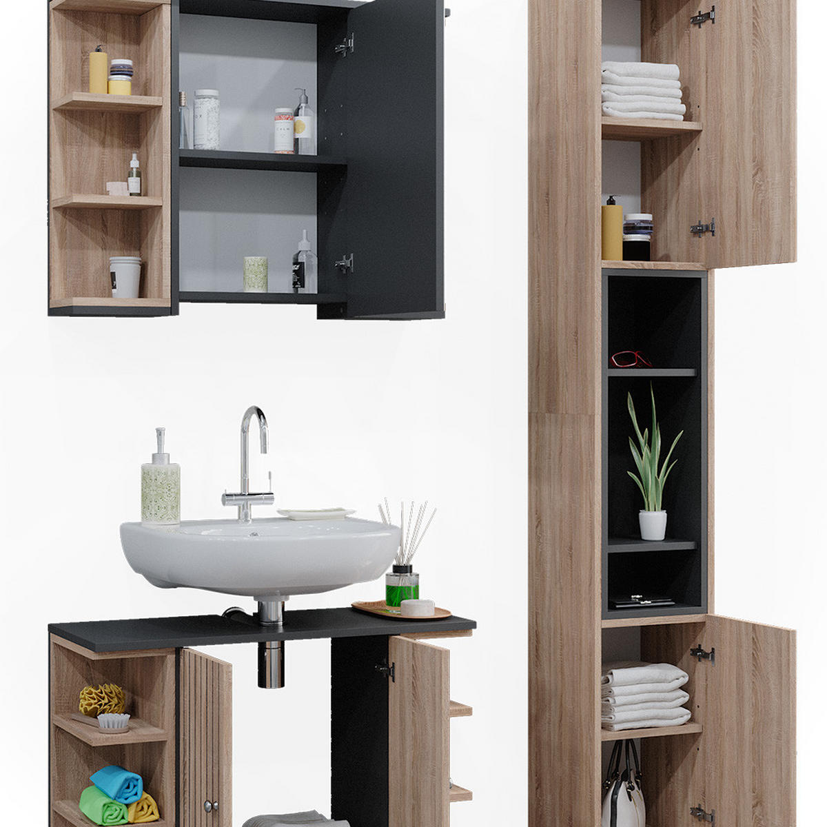 BADMÖBEL-SET Aquis Sonoma 3 Teile, mit Hochschrank - Anthrazit/Sonoma Eiche, Holzwerkstoff (79.6/64/32cm) - Vicco