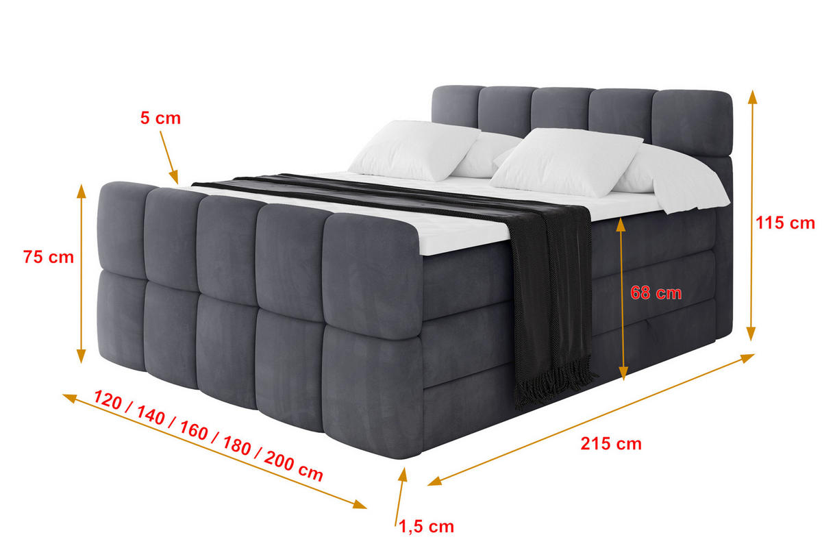 BOXBETT mit Matratze H3/H4 - FAMA-Z KING - 180x200 cm Dunkelgrau Casablanca - Dunkelgrau, Holzwerkstoff (180/200cm) - ALTDECOR
