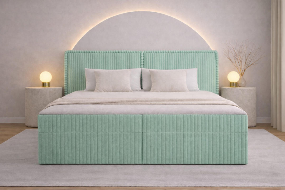 BOXBETT 04 180 x 200 cm - Ambience – Modernes Polsterbett mit Bettkasten, Topper und gepolstertem Kopfteil, Stoffbezug, Stauraumbett - Mintgrün, Holz (180/200cm) - ROYAL24_MARKT