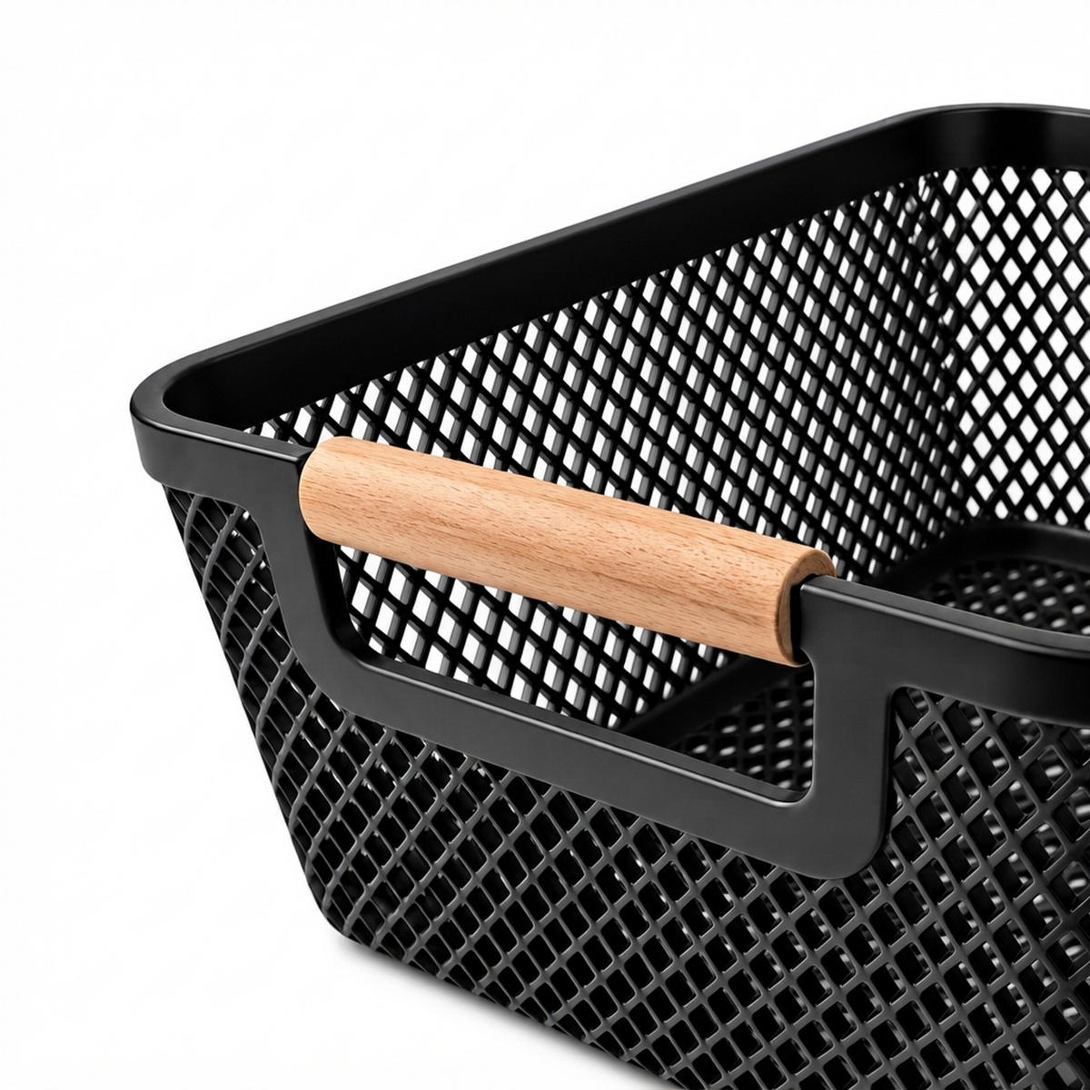 FÖRVARINGSKORG Svart 6-pack plast trähandtag storlek M - Svart, Trä/Plast (19.5/32/16cm) - Relaxdays