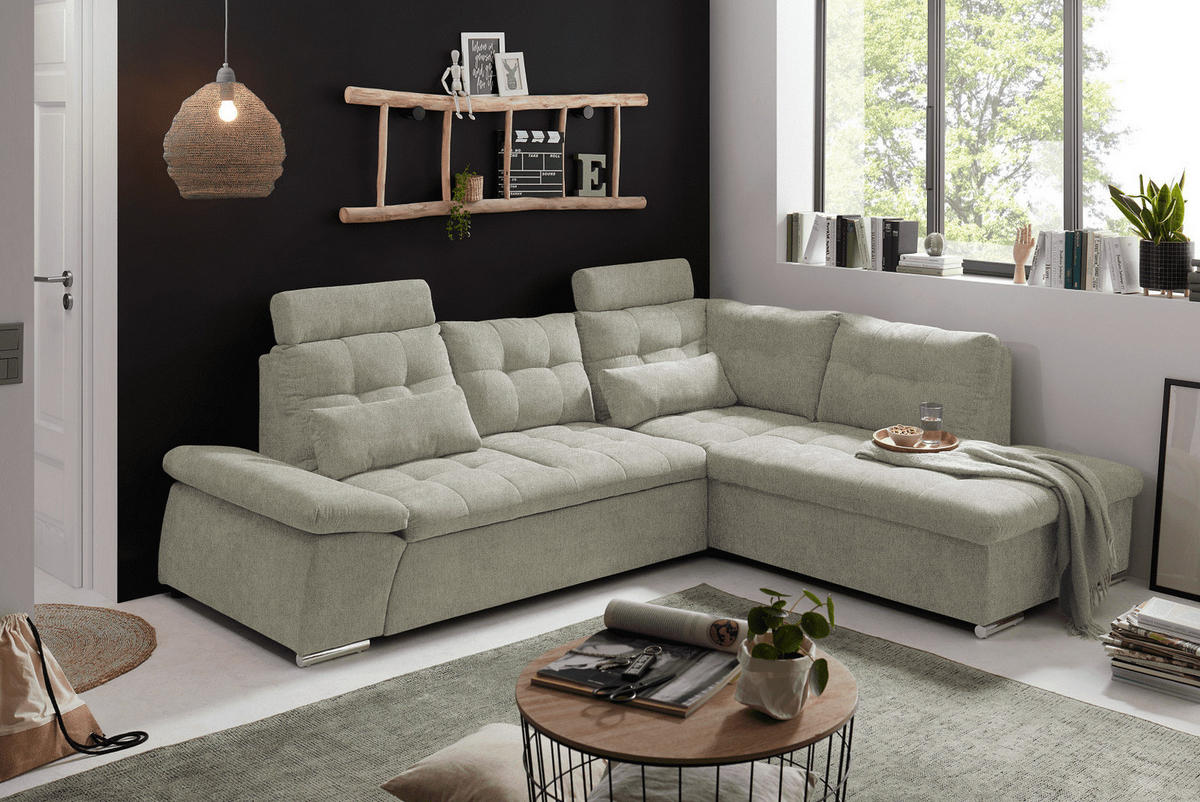 ECKSOFA mit Schlaffunktion, verstellbare Armlehne und Kopfstützen - Chromfarben/Beige, Textil (219/260cm) - ed exciting design