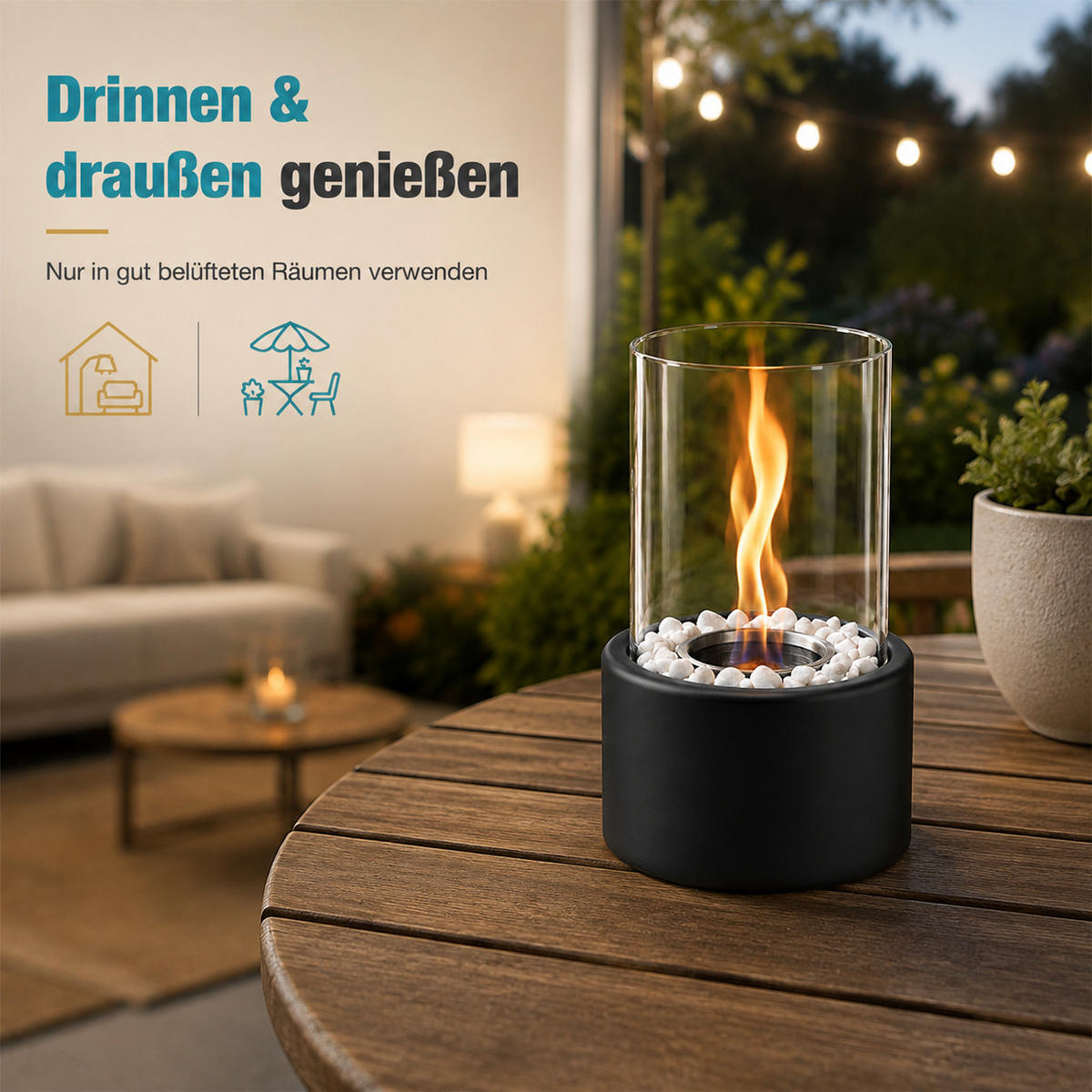 TISCHKAMIN Eryxvar 12.3/9.9/21 cm - Schwarz, Glas/Metall (9.9/21/12.3cm) - ZMH